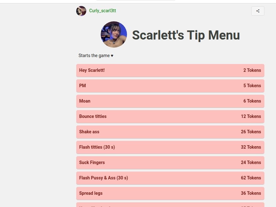 Tipmenu på MyFreeCams med priser i tokens